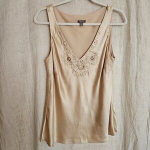 Ann Taylor 100% Silk Embellished Tank Top Champagne Beige Beaded